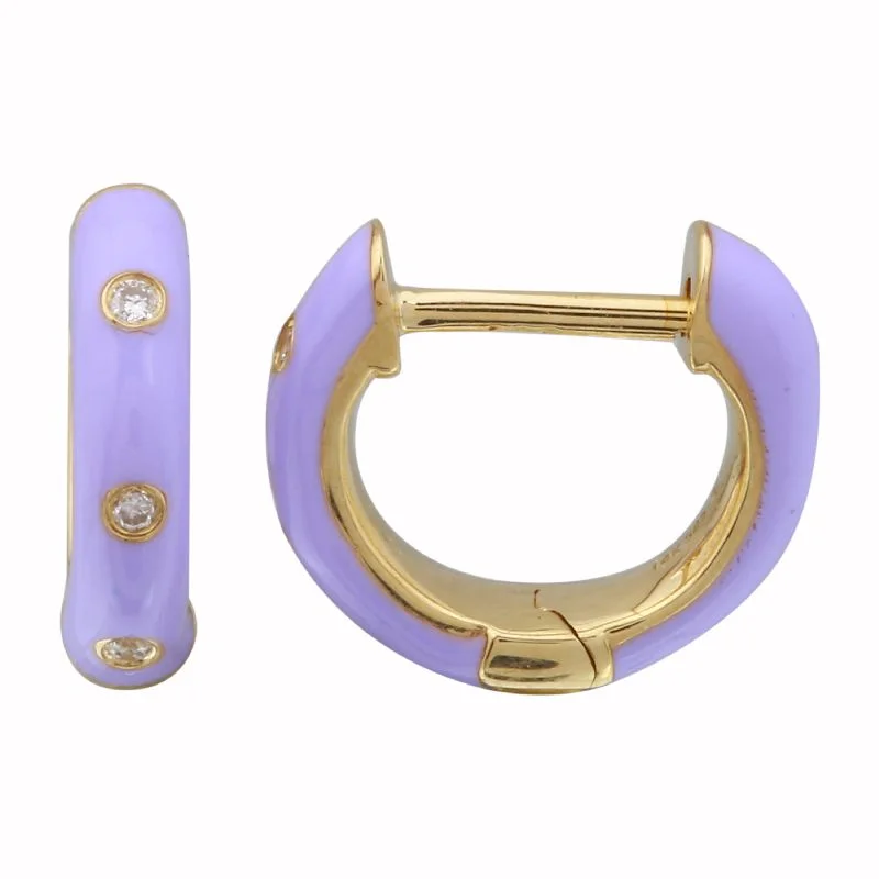 14k Yellow Gold Lavender Enamel & Diamond Huggie Earrings