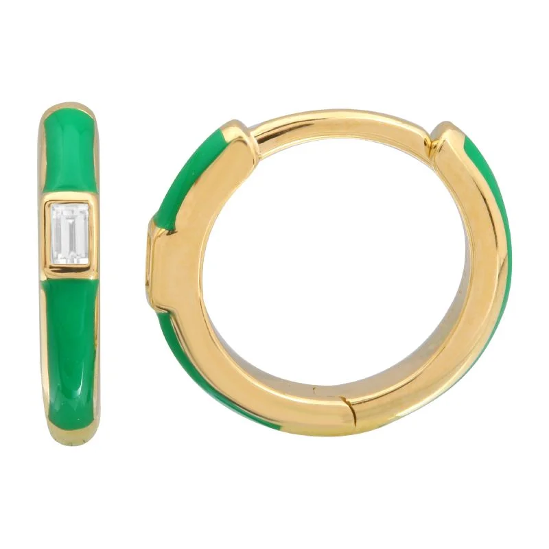 14k Yellow Gold Green Enamel & Diamond Huggie Earrings