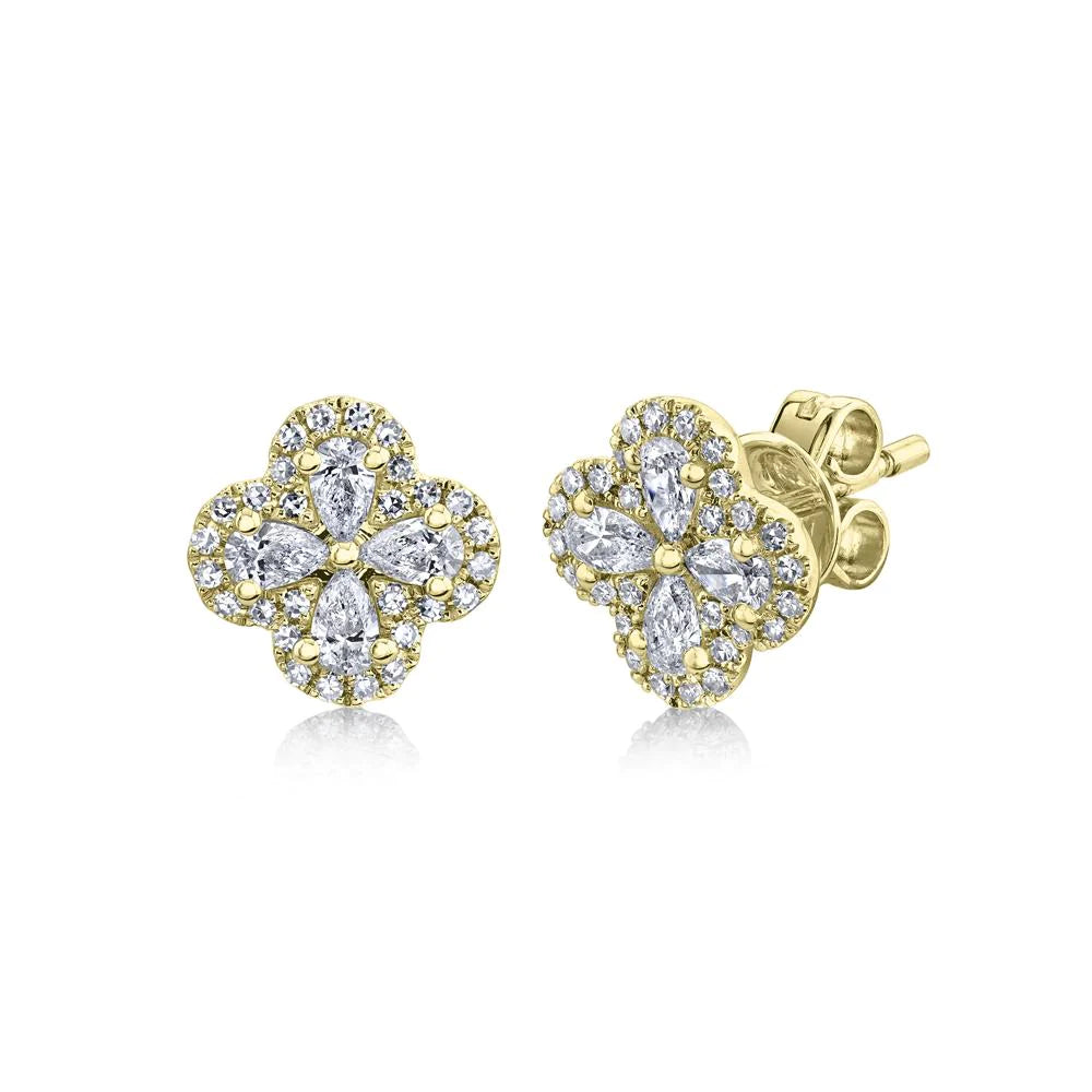 14K Yellow Gold Round and Pear Diamond Clover Stud Earrings