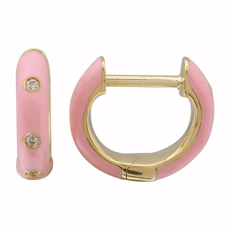 14k Yellow Gold Warm Blush Enamel & Diamond Huggie Earrings