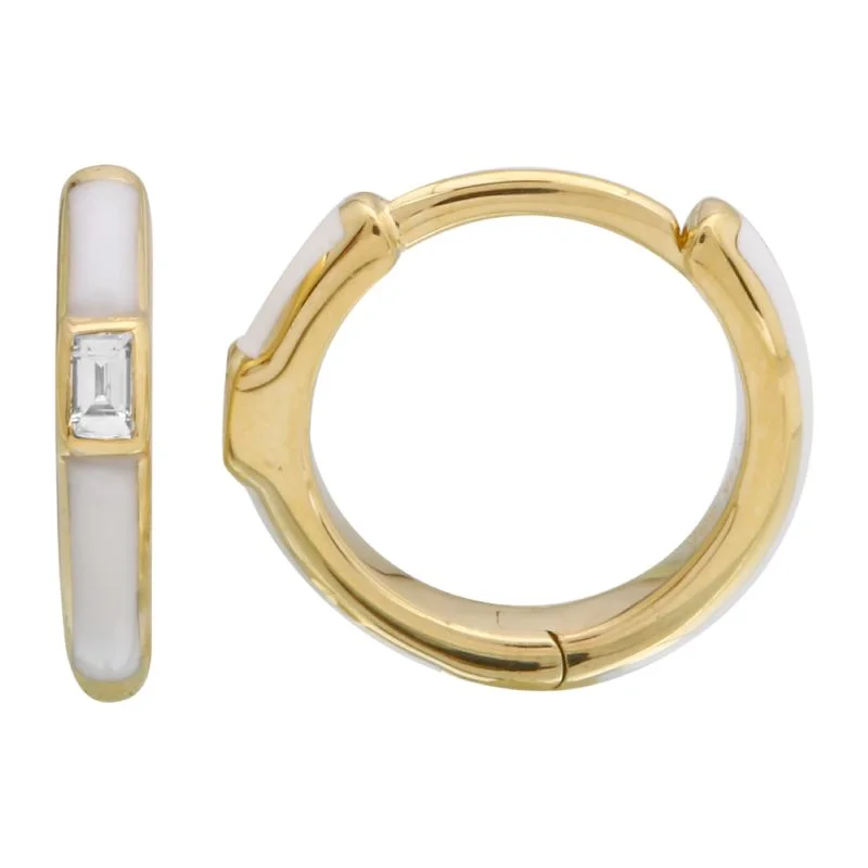 14k Yellow Gold White Enamel & Diamond Huggie Earrings