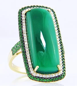 14K Yellow Halo Green Onyx,Tsavorite and Natural Diamond Ring Size 7