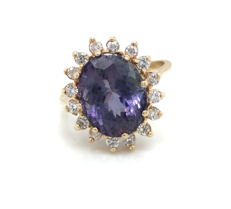 14K Yellow Halo Tanzanite and Natural Diamond Ring Size 6.5