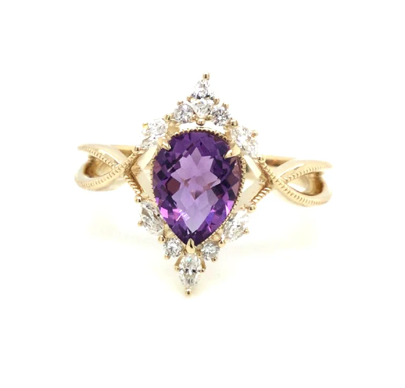 14K Yellow Amethyst and Natural Diamond Ring Size 6.5