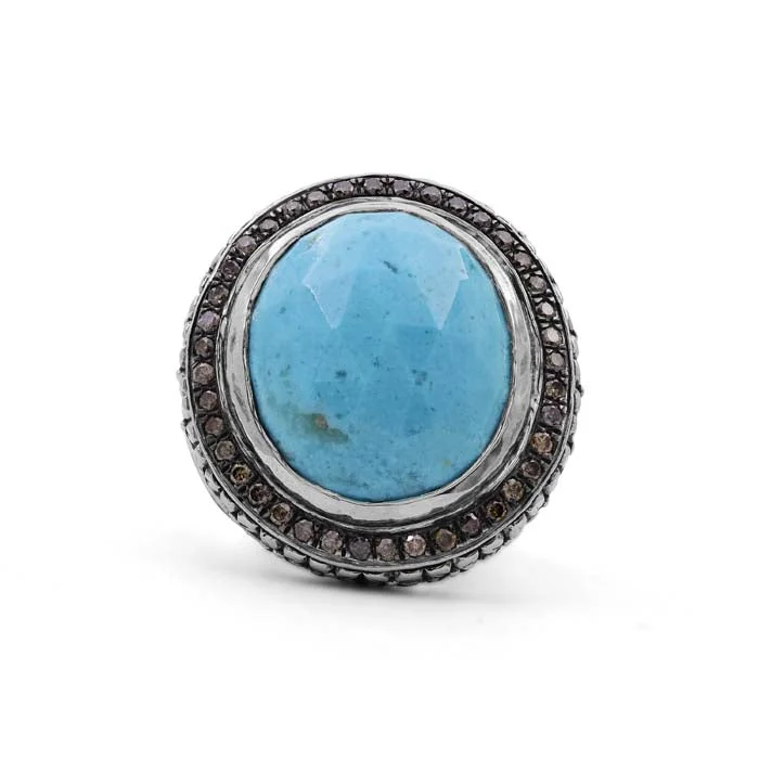 Stephen Dweck Garden of Stephen Faceted American Turquoise Ring with .55CTW of Champagne Diamonds in Sterling Silver