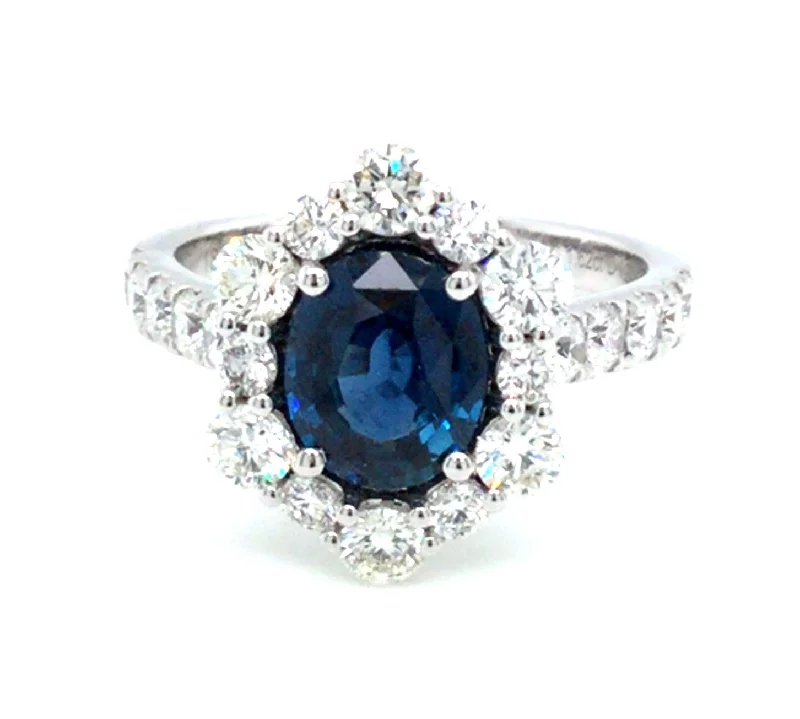 18K White Halo Sapphire and Natural Diamond Ring Size 6.5