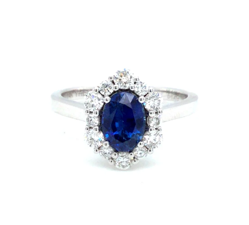 18K White Halo Sapphire and Natural Diamond Ring Size 6.5