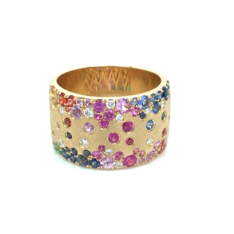 18K Yellow Cigar Band Rainbow Sapphire and Natural Diamond Ring Size 7