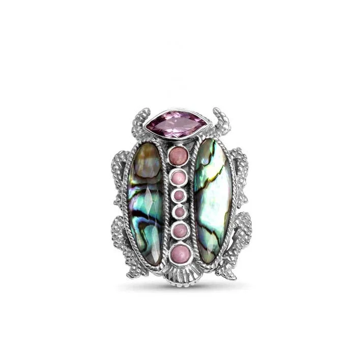 Stephen Dweck Garden Of Stephen Scarab Ring with Amethyst, Phosphosiderite and Doublets of Natural Quartz and Abalone In Sterling Silver