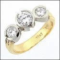 3 Stone CZ Ring  1.5 Round Half Bezels Two Tone 14K Gold