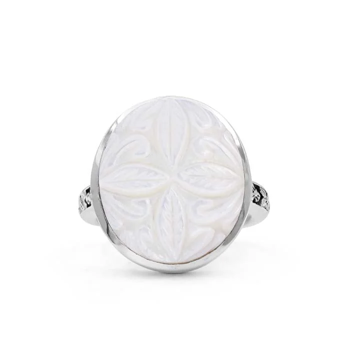 Stephen Dweck Carventurous Hand Carved White Mother of Pearl Ring in Sterling Silver