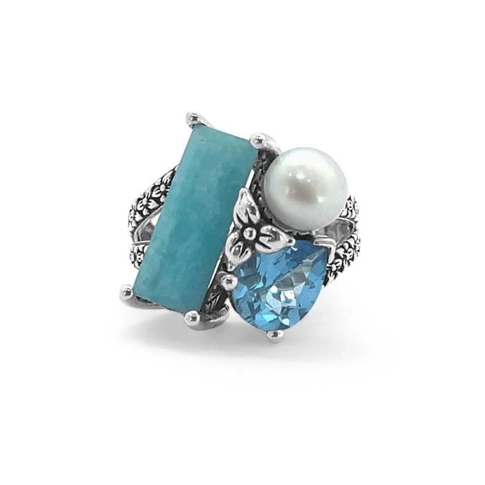 Stephen Dweck RockRageous Amazonite, Swiss Blue Topaz, and White Pearl Ring in Sterling Silver