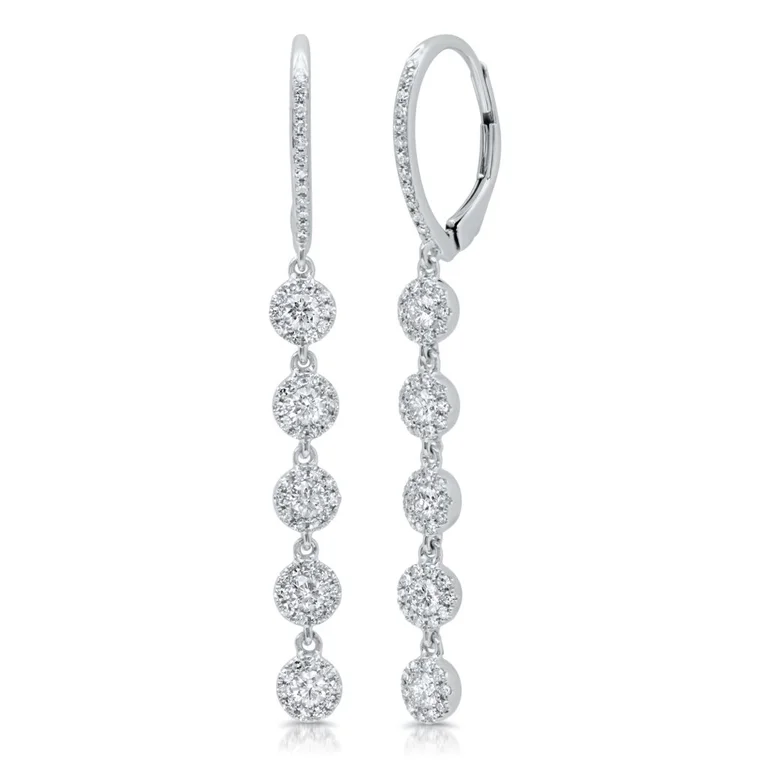 14K White Gold Diamond Halo Dangle Earrings