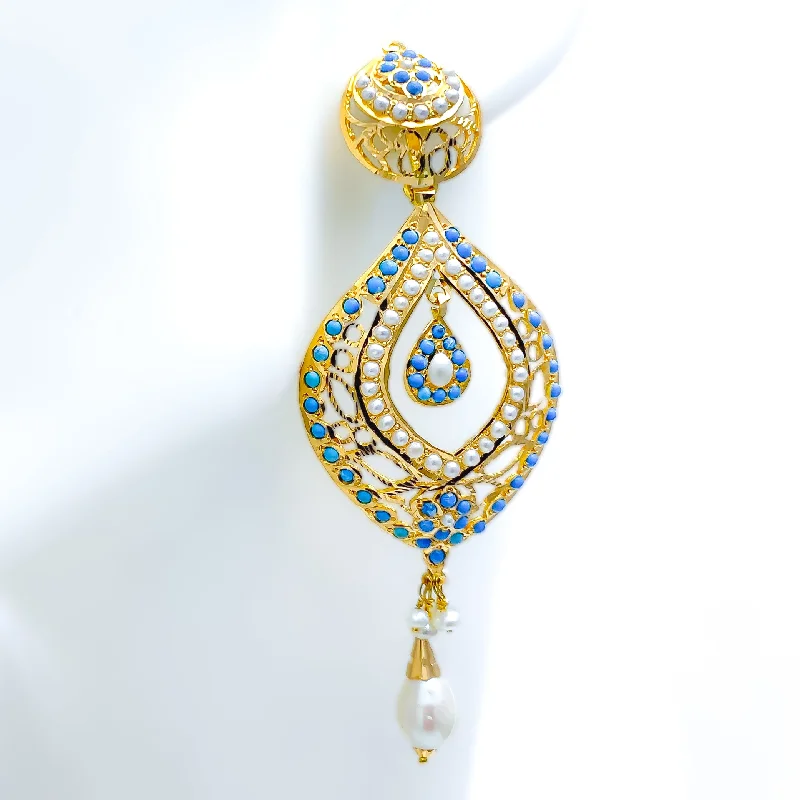 Exclusive Pearl & Turquoise 22k Gold Drop Earrings