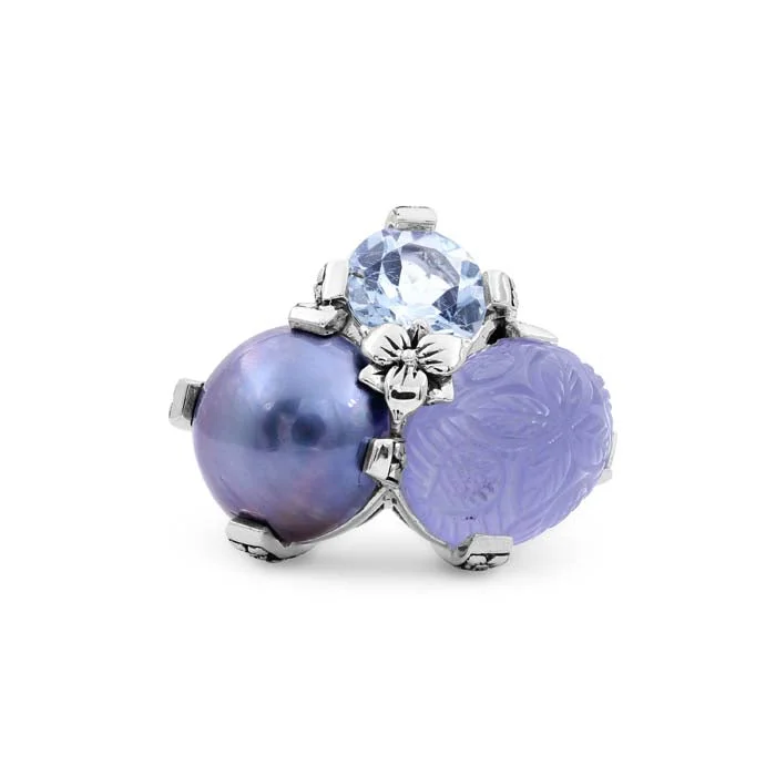 Stephen Dweck Terraquatic 3-Stone (Blue Chalcedony, Mabe Pearl, and Sky Blue Topaz) Cluster Ring in Sterling Silver