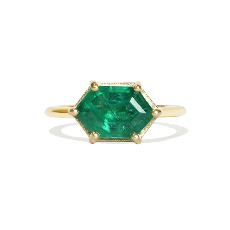 Elongated Hexagon Emerald Solitaire Ring