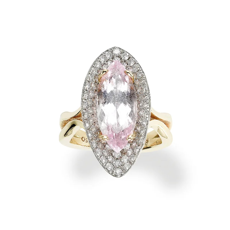 Rare Pink Morganite Marquise Shape Ring, Platinum and 18K Yellow Gold