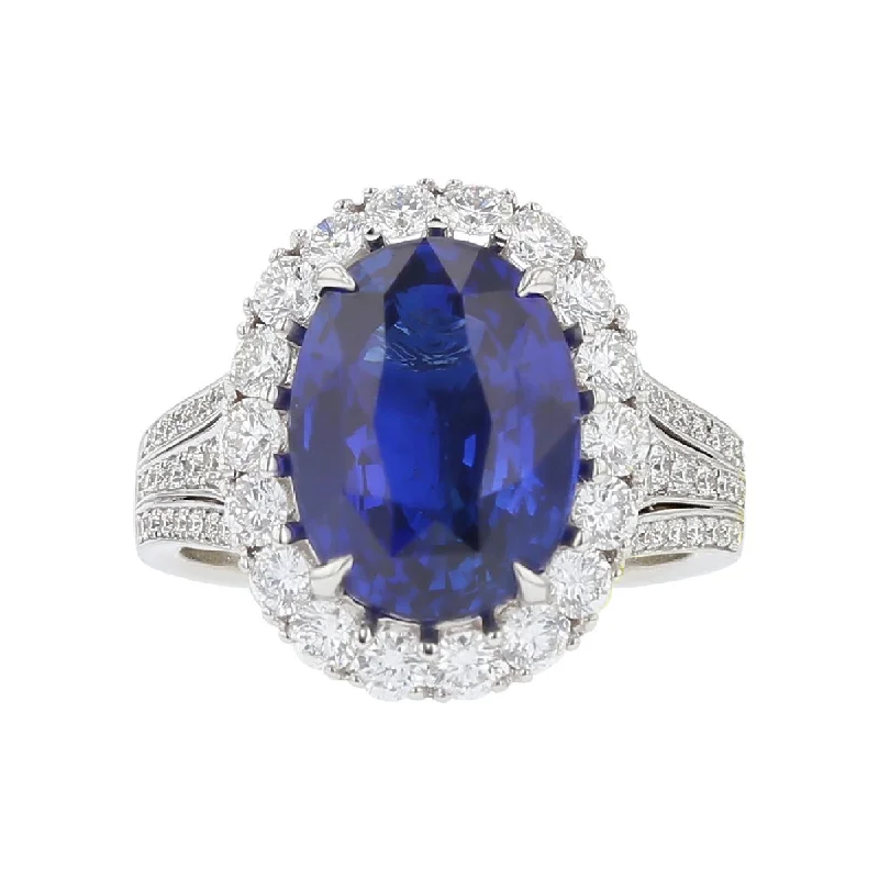 Precious Collection Halo Oval Shaped Blue Sapphire Ring