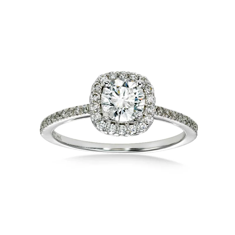 Round Diamond Halo Engagement Ring, .90 Carat Center, 14K White Gold