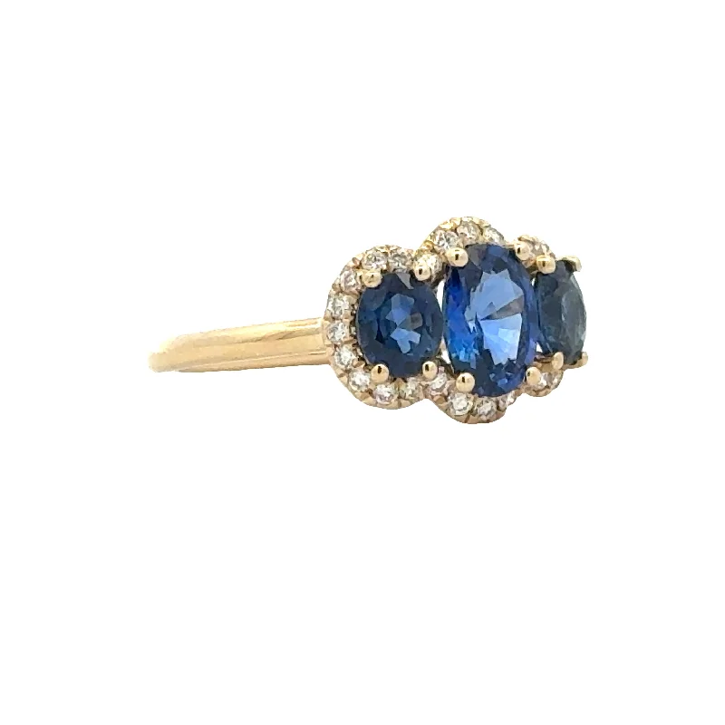 Three Sapphire and Diamond Halo Ring