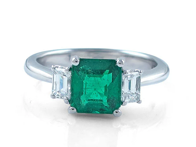 Three Stone Green Emerald and Diamond Ring