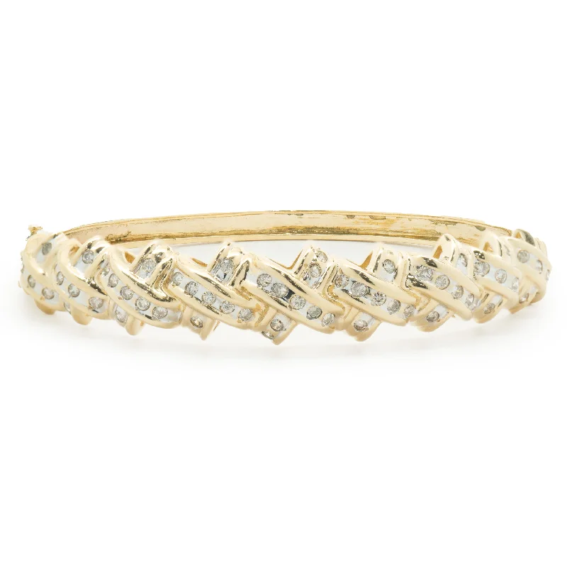 14 Karat Yellow Gold Channel Set Diamond X Bangle Bracelet