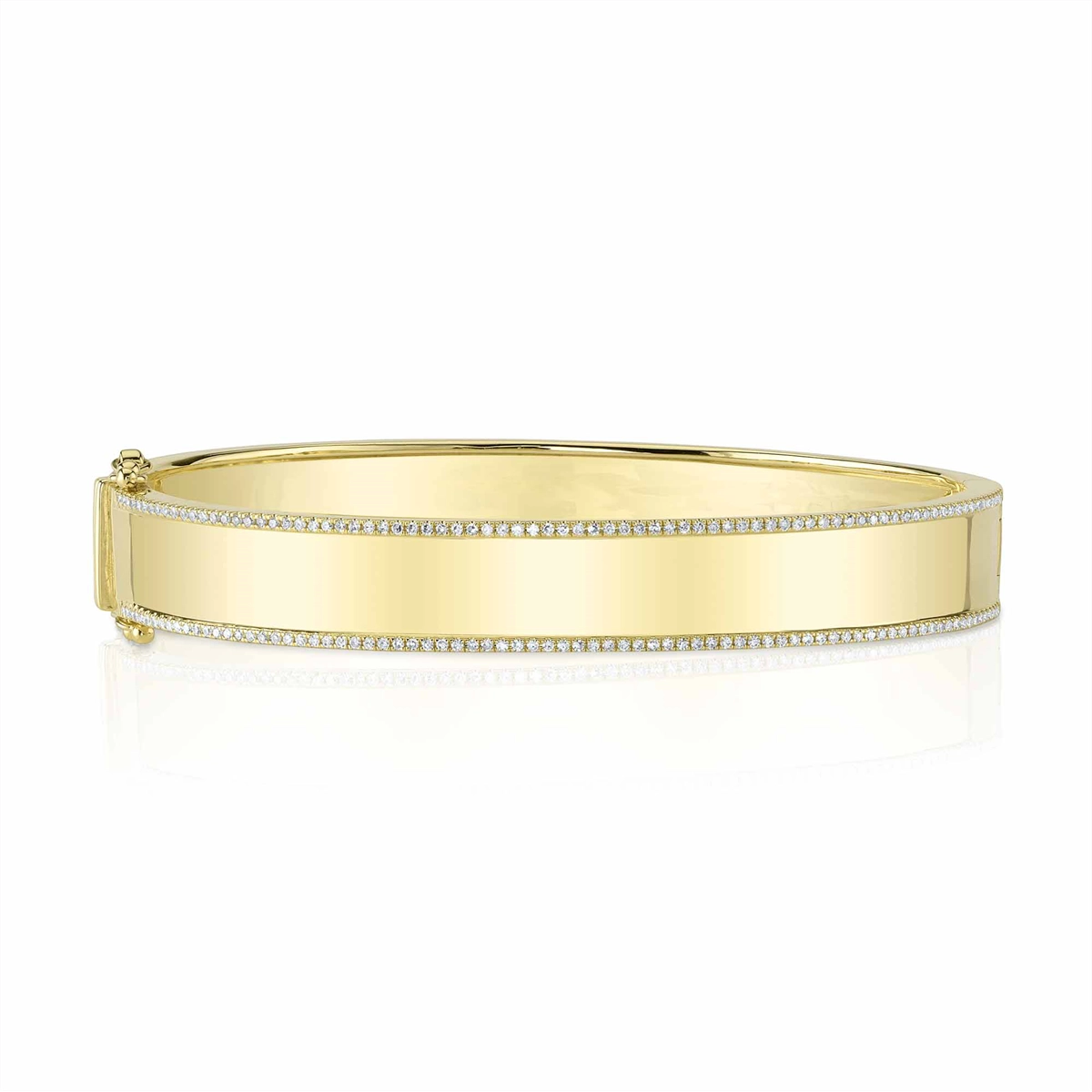 14K Yellow Gold Wide Clasped Bangle Bracelet with Diamond Edges