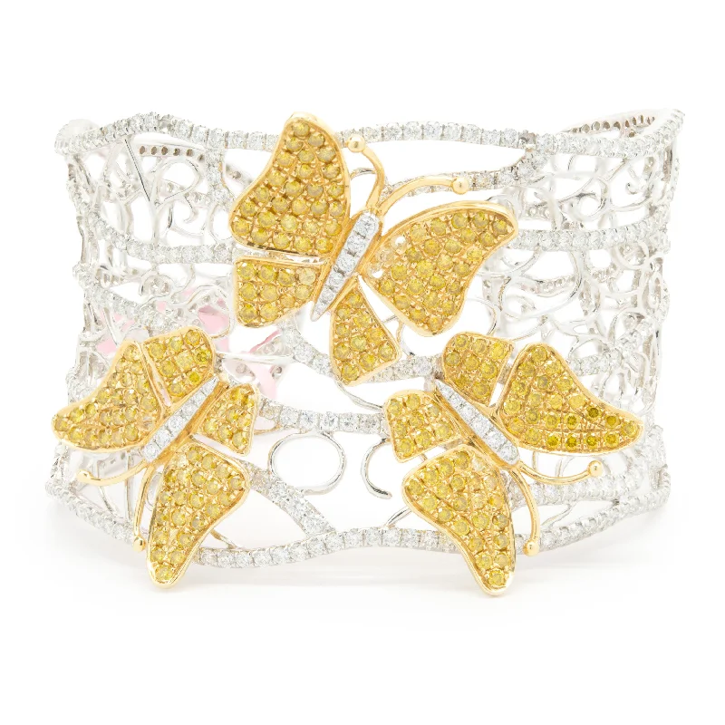 18 Karat White & Yellow Gold Pave Diamond Butterfly Floral Cuff Bracelet