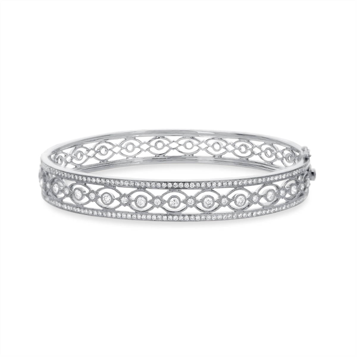 18K White Gold Hinged Diamond Bangle Bracelet, Filigree