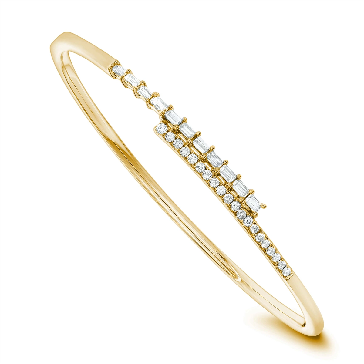 18K Yellow Gold Baguette and Round Diamond Hinged Bangle Bracelet