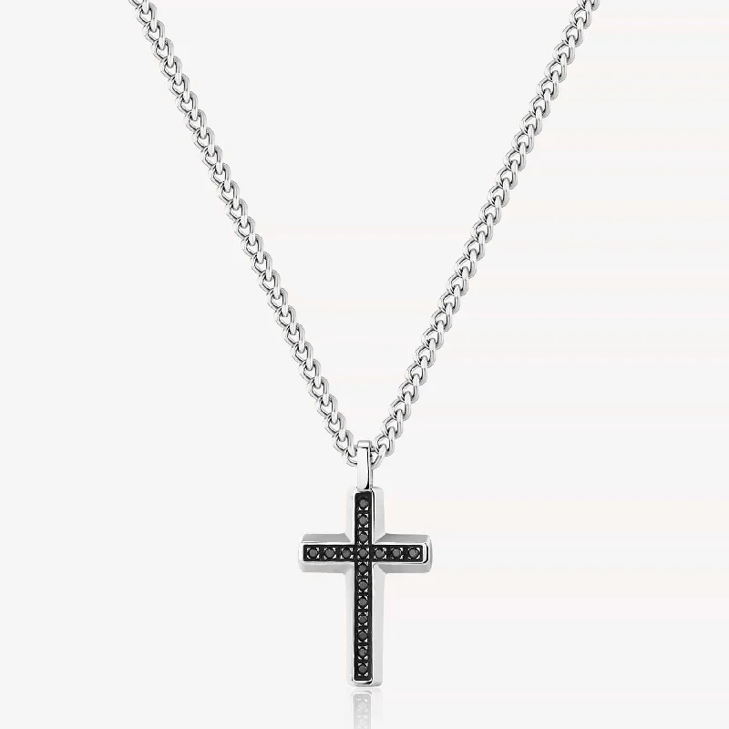 Stainless Steel Long Cross Necklace with Black Enamel & Zircon