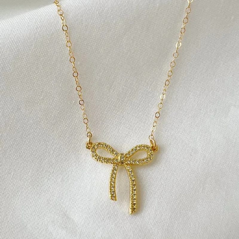 Bow Ribbon Sparkle Gold Filled Necklace