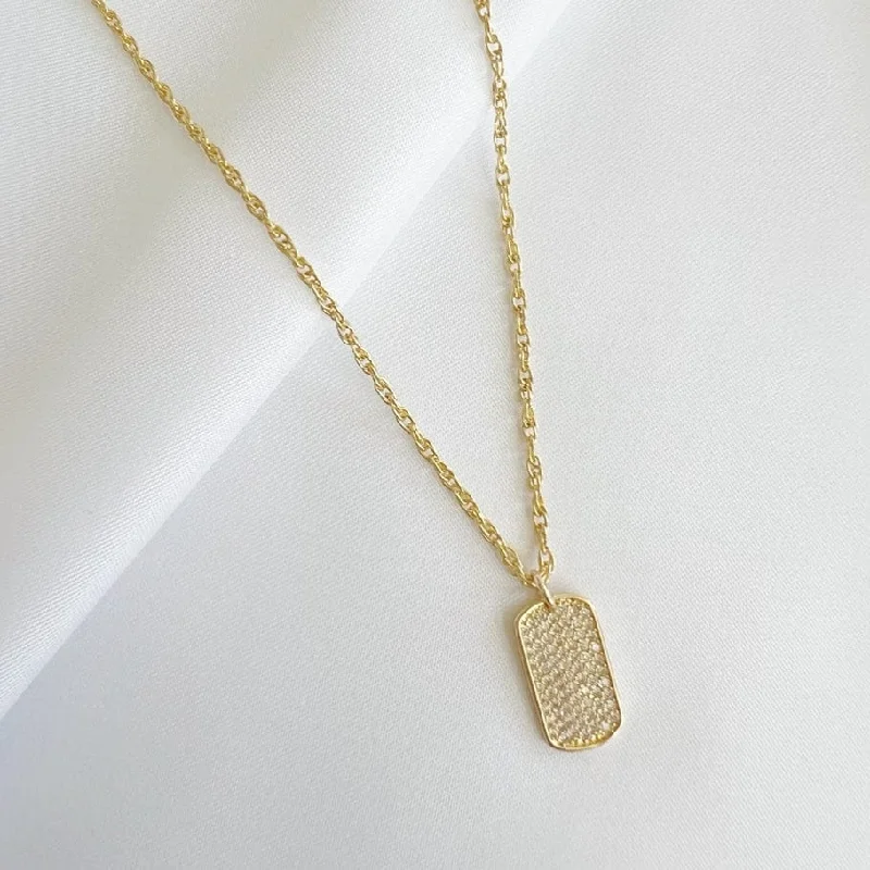 Gold Filled Pave Cz Dog Tag Pendant Necklace