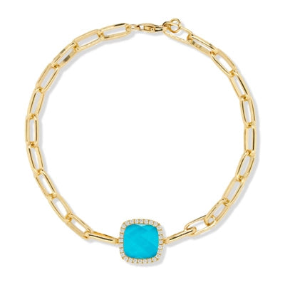 Doves 18K Yellow Gold Turquoise Doublet and Diamond Paperclip Chain Bracelet