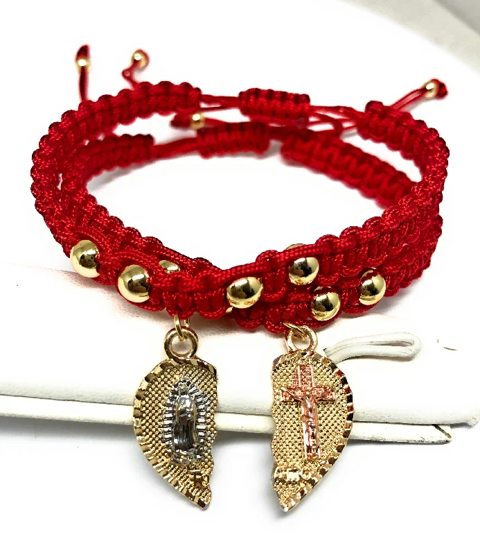 Gold Plated Tri-Color Virgin Mary & Christ "Te Amo" Heart Split Pendant HAND BRAIDED ADJUSTABLE TWO BRACELET SET 7.5”