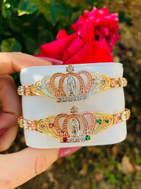 Gold Plated Tri-Color Virgin Mary Crown Bracelet Virgen De Guadalupe Pulsera Tres Colores Oro Laminado 8"