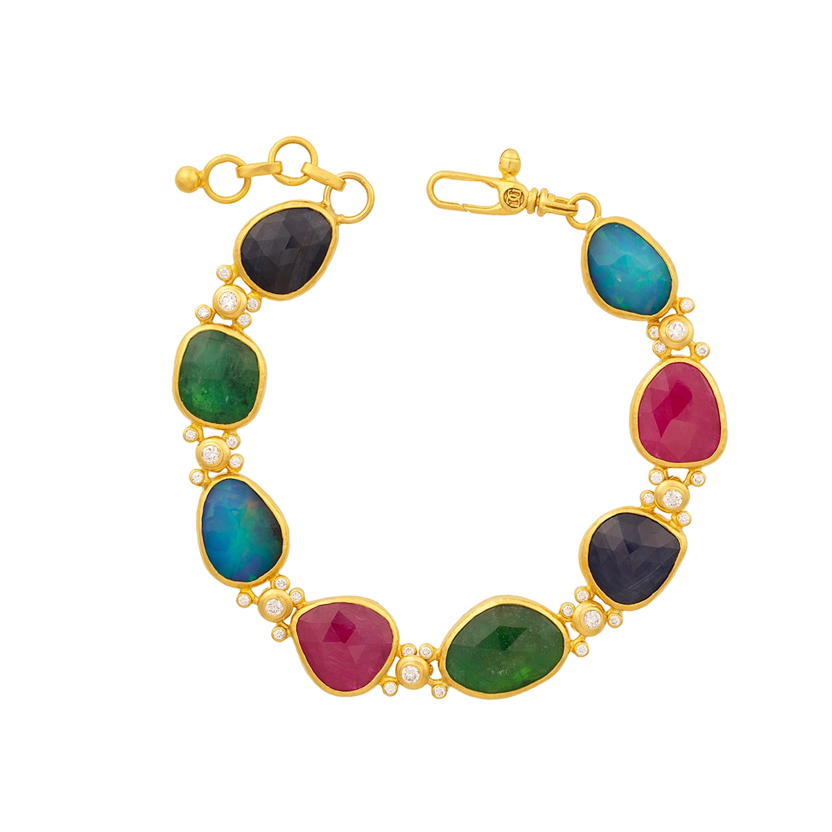 Gurhan One-of-a-Kind 24K Yellow Gold Rose Cut Sapphire, Emerald, Ruby, Opal and Round Bezel Set Bracelet with 18K Lobster Clasp