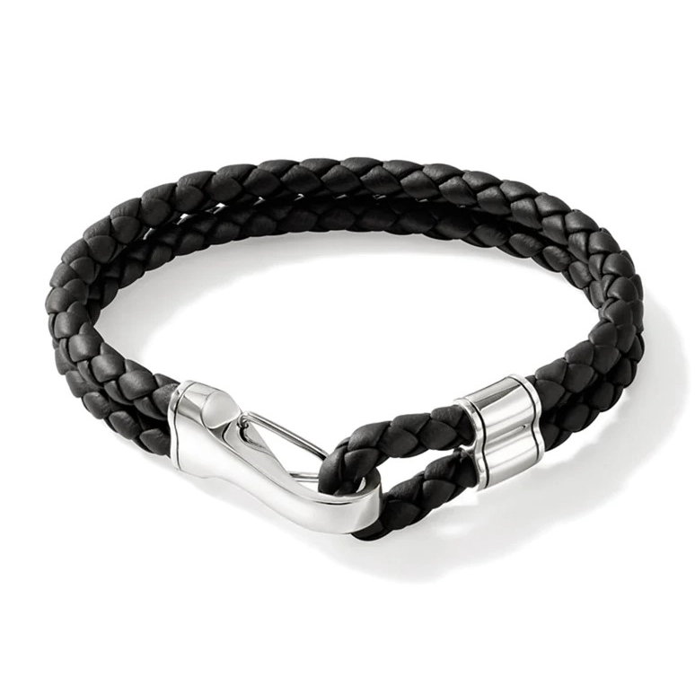 John Hardy Mens Silver Double Row 5mm Black Leather Bracelet