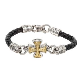 Konstantino Mens Perseus Silver and Bronze Black Leather Cross Bracelet