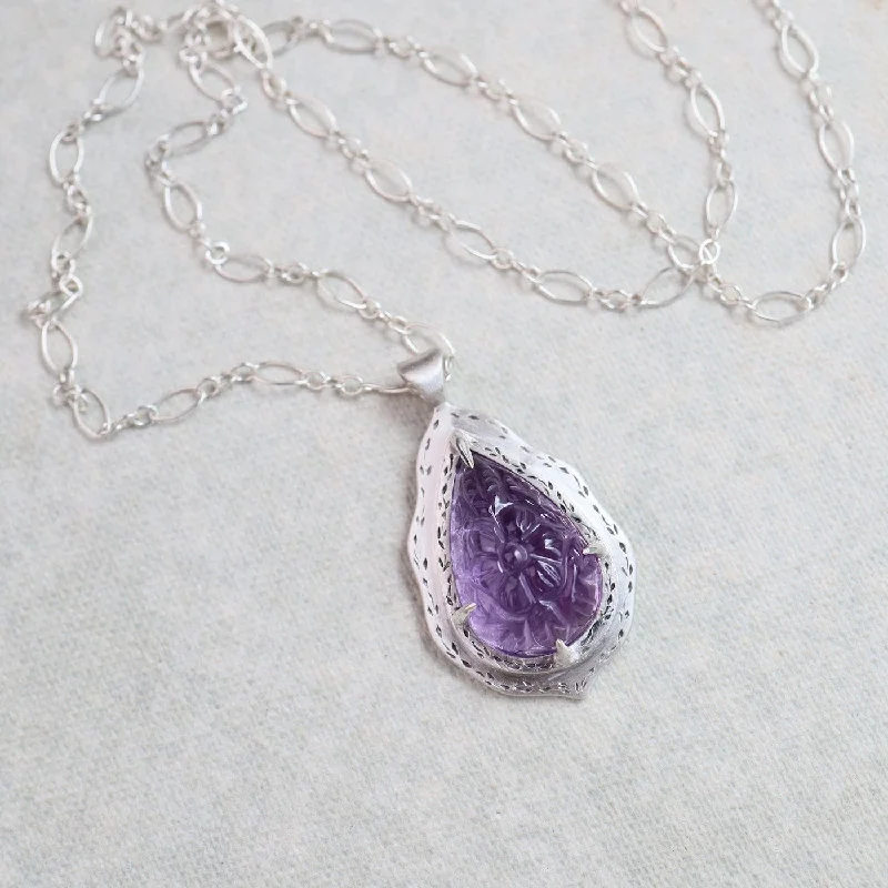 One of a Kind Claw Set Floral Carved Amethyst Necklace