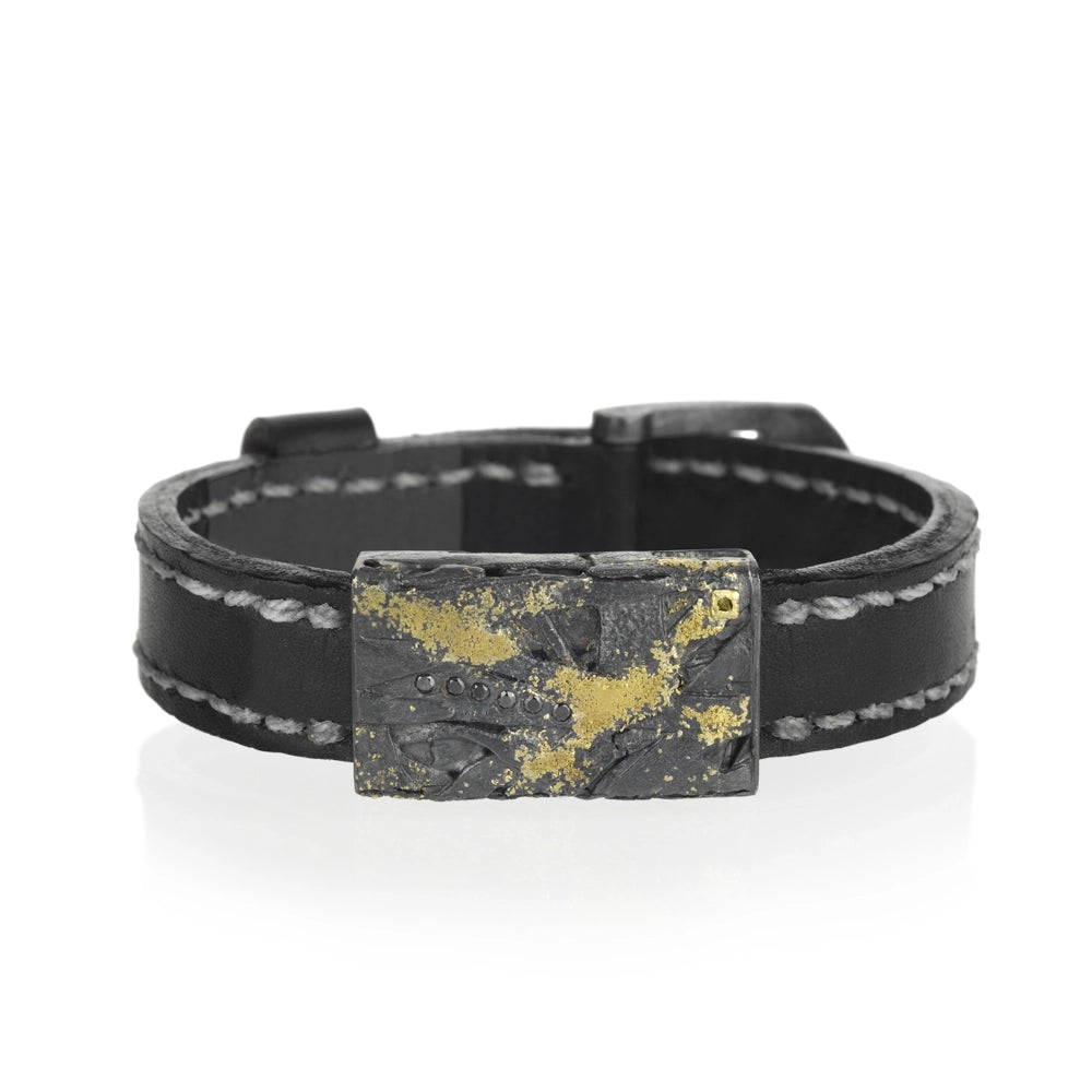 Todd Reed Mens Silver and Gold Leather Bracelet with Black Diamonds