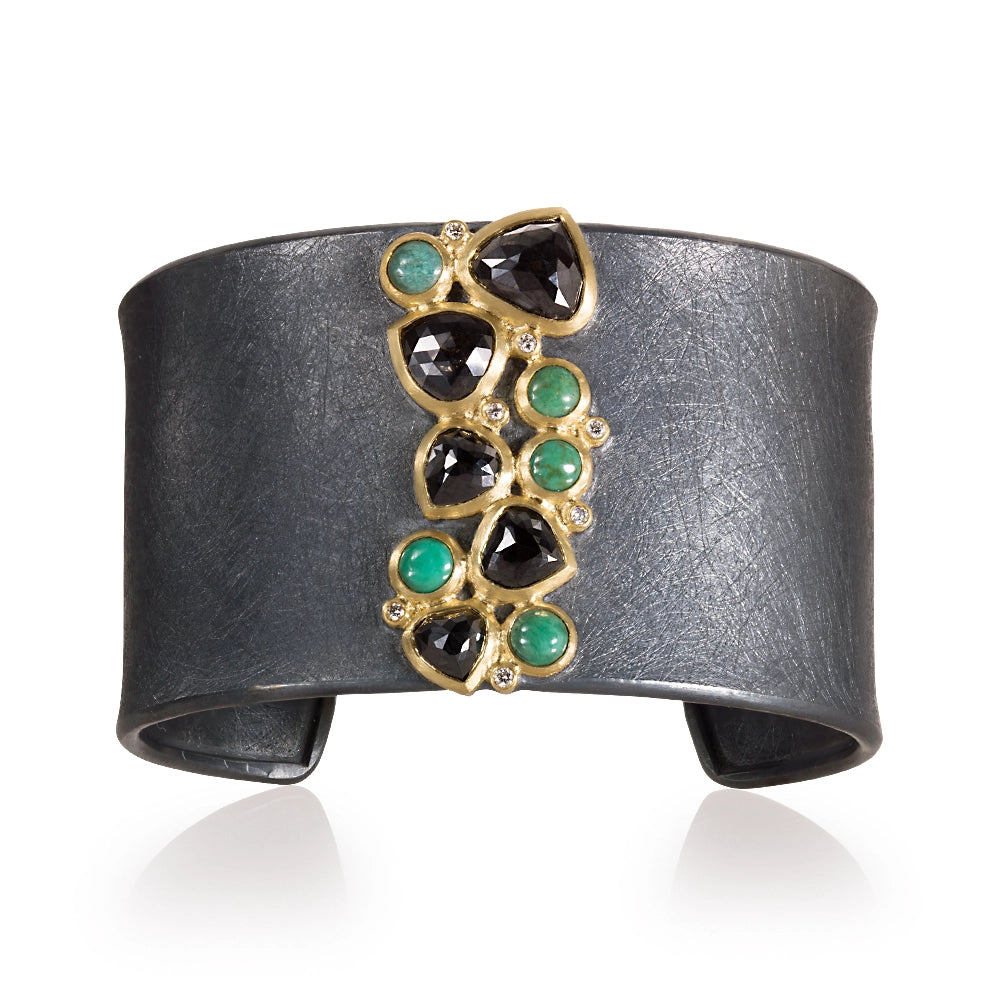 Todd Reed One of a Kind Sterling Silver Wide Cuff with 18K Yellow Gold Bezel Set Turquoise and White and Black Diamonds