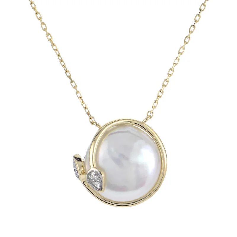 cubic zirconia tennis necklace 18 inch 14K Yellow Fresh Water Coin Pearl and Natural Diamond Necklace cubic zirconia tennis necklace 18 inch 14K Yellow Fresh Water Coin Pearl and Natural Diamond Necklace
