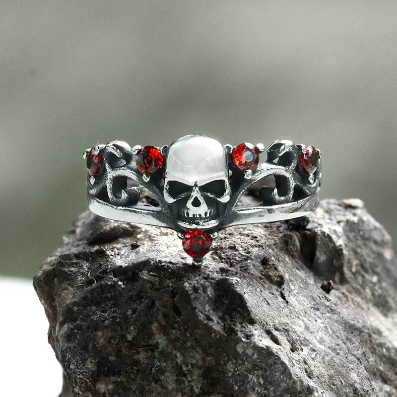 bezel set engagement ring modern Gothic Red Stone Skull Stainless Steel Ring