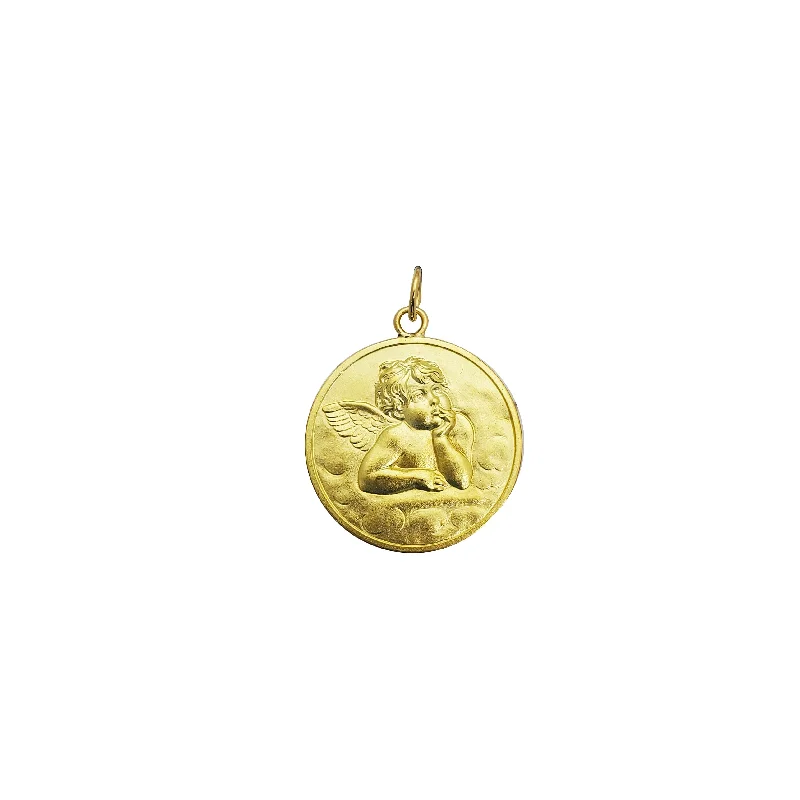 boho gold leaf ring Round Shape Angel Pendant (18K)